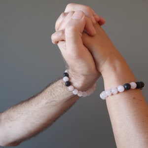 Pink Rose Quartz Black Lava Bracelet, Volcanic Eruption of Love Stones