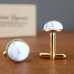 Howlite Cufflinks Creative Motions Round White Stone in Gold