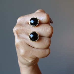 Onyx Black Cufflinks Gold Natural Round Gemstone Debonair Pair