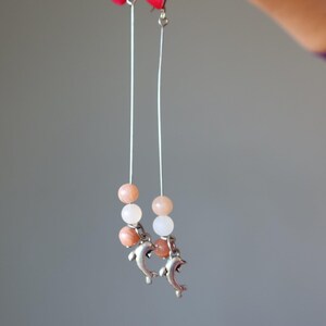 Moonstone Earrings Dolphin Swing on Peach White Gemstone Beads Extra Long