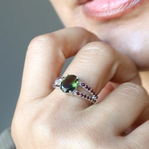 Moldavite Ring of Fire Solar Eclipse Red Garnet Gems on Sterling Silver