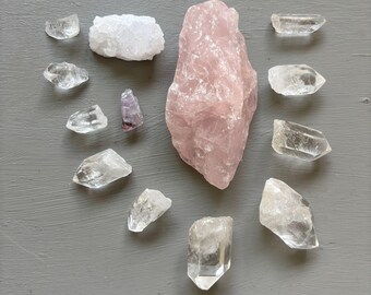 Heart Chakra Raw Crystal Love Set 13 Quartz, Rose, Amethyst Stone Points