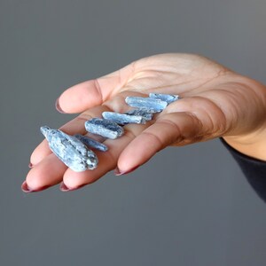 Puede incluir: Una mano sosteniendo una colección de pequeños cristales de cianita grises y azules. Los cristales son puntiagudos y tienen una textura rugosa y natural.
