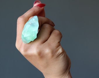 Green Calcite Ring Rock Candy Raw Crystal Adjustable Bronze