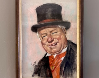 Vintage portret WC-velden portretschilderij ingelijst, gesigneerd 1962 komiek acteur karikatuur
