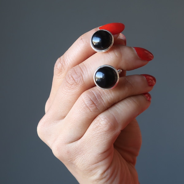 Onyx Cufflinks Stylish Black Stones of Protection in Silver Metal