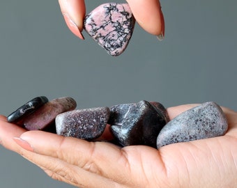 May include: A hand holding a pink and black polished stone.  The hand is also holding a group of five smaller polished stones in shades of black, gray, and pink.