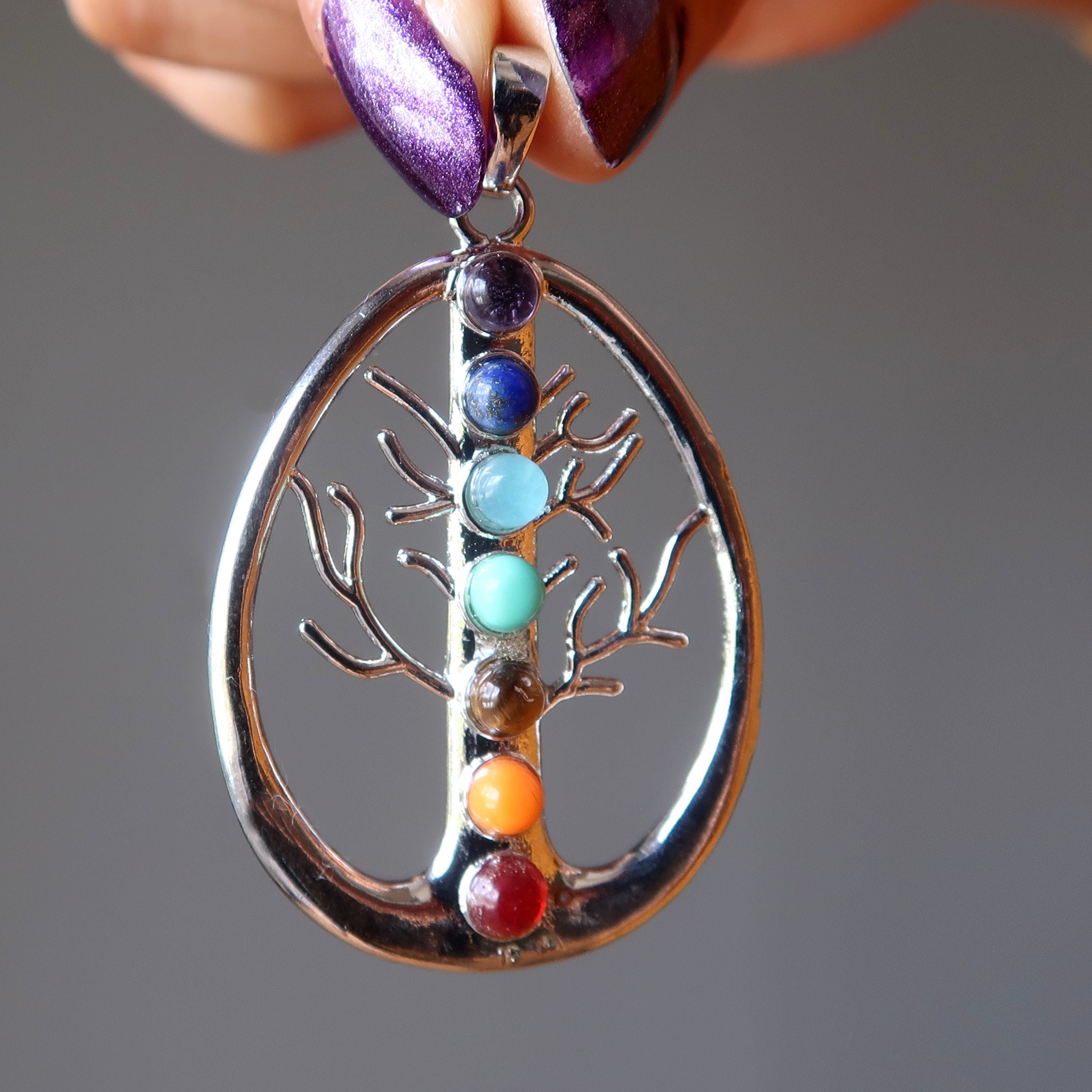 Collana Albero Della Vita In Cristallo E Pietre Multicolori, Chakra, Argentato