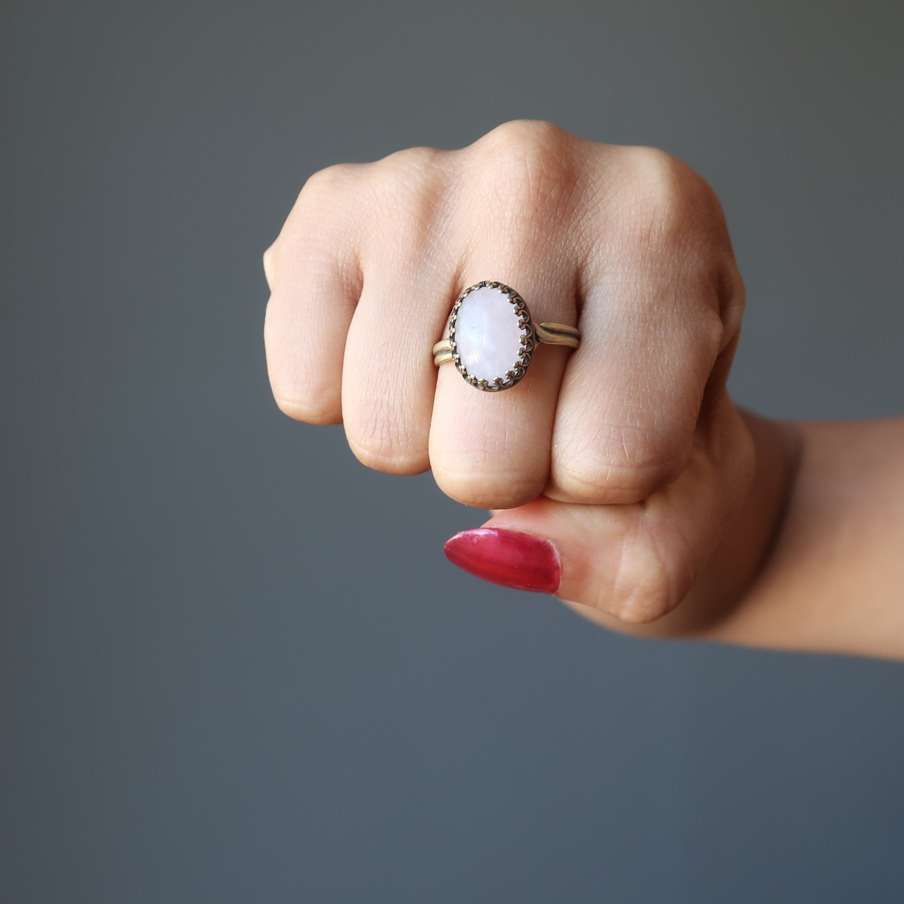 Rose Quartz Ring, Antique Brass Pink Oval Gemstone Adjustable