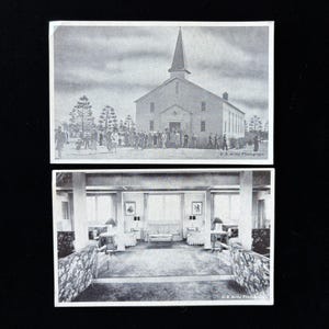 May include: Two vintage black and white photographs. The top image shows a church with a tall steeple, with people gathered outside. The bottom image depicts an interior with furniture and decorative elements. Both photos are labelled "U.S. Army Photograph."