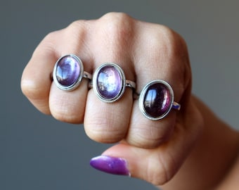 Lepidolite Ring Spiritual Zing Shiny Purple Gem White Bronze