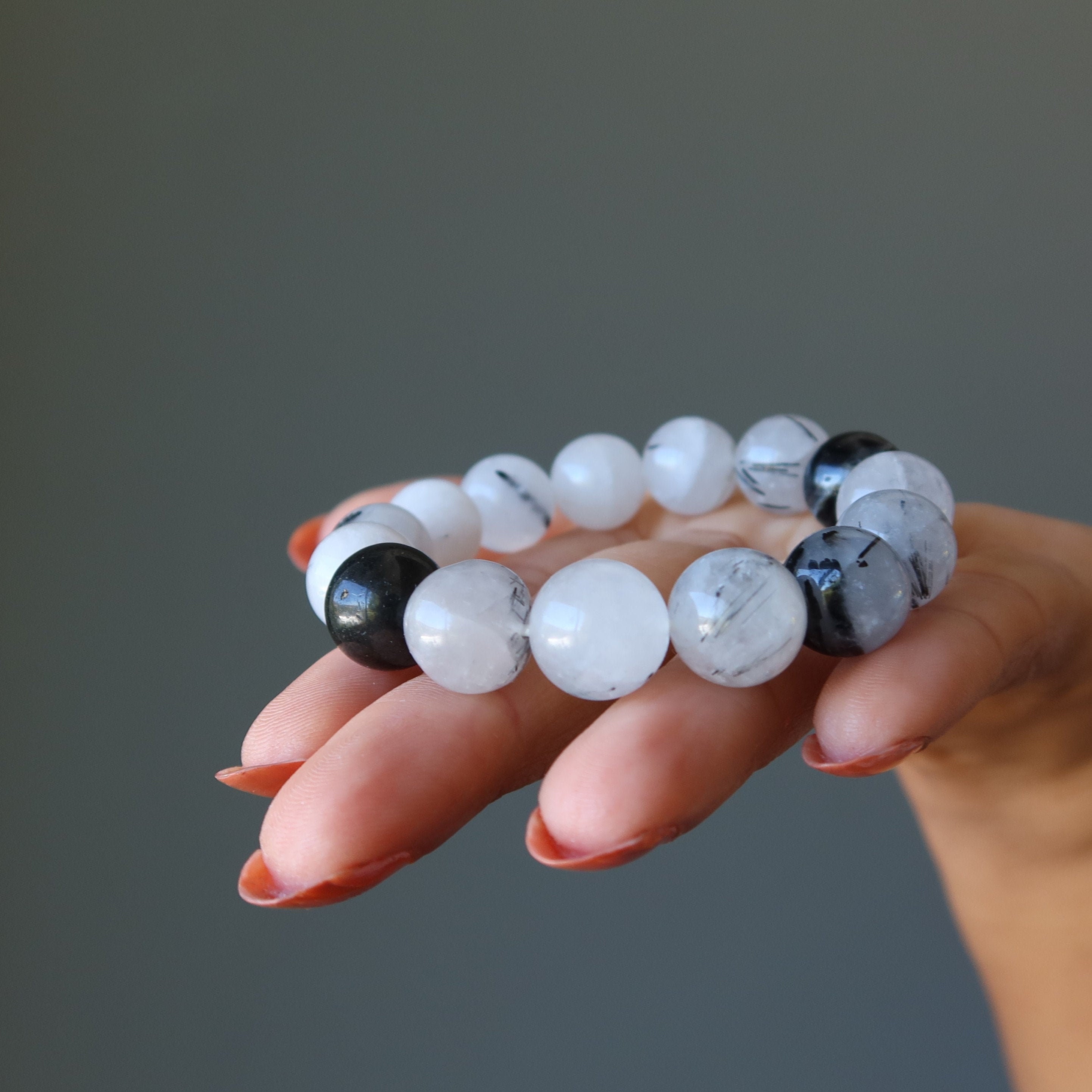 Black Tourmaline White Quartz Bracelet Yin Yang Dual Universe Stone Crystals