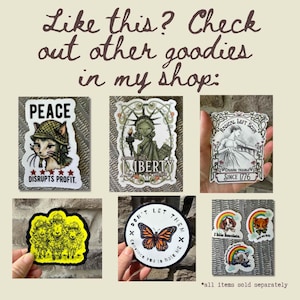 May include: A collection of stickers with various designs. One features a cat in a military hat with the text "PEACE DISRUPTS PROFIT." Another depicts the Statue of Liberty with "LIBERTY" and "SEXY PUS." Other stickers include a butterfly, a rainbow, and text.