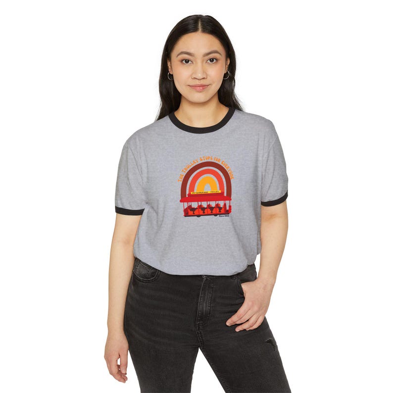 The Trolley Stops For Everyone Mr. Rogers Tribute Ringer T-Shirt | Retro Rainbow Tee | Kindness Shirt image 12