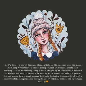 Puede incluir: Ilustraci&oacute;n de una mujer con trenzas rubias que lleva un gorro de punto, rodeada de motivos florales y de hojas. La obra de arte est&aacute; sobre un fondo azul claro festoneado. El texto en la parte inferior describe a la artista y su trabajo.