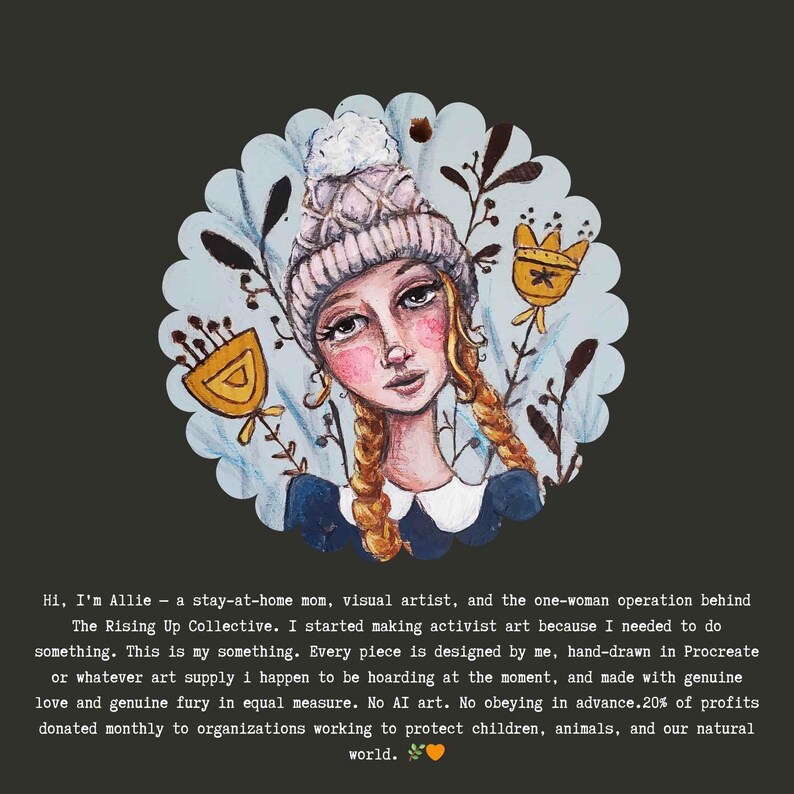 Puede incluir: Ilustraci&oacute;n de una mujer con trenzas rubias que lleva un gorro de punto, rodeada de motivos florales y de hojas. La obra de arte est&aacute; sobre un fondo azul claro festoneado. El texto en la parte inferior describe a la artista y su trabajo.