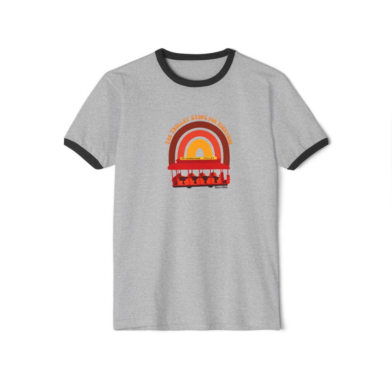 The Trolley Stops For Everyone Mr. Rogers Tribute Ringer T-Shirt | Retro Rainbow Tee | Kindness Shirt image 3