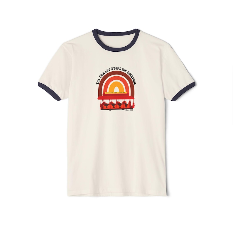 The Trolley Stops For Everyone Mr. Rogers Tribute Ringer T-Shirt | Retro Rainbow Tee | Kindness Shirt image 2