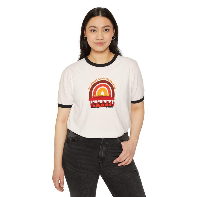 The Trolley Stops For Everyone Mr. Rogers Tribute Ringer T-Shirt | Retro Rainbow Tee | Kindness Shirt image 11