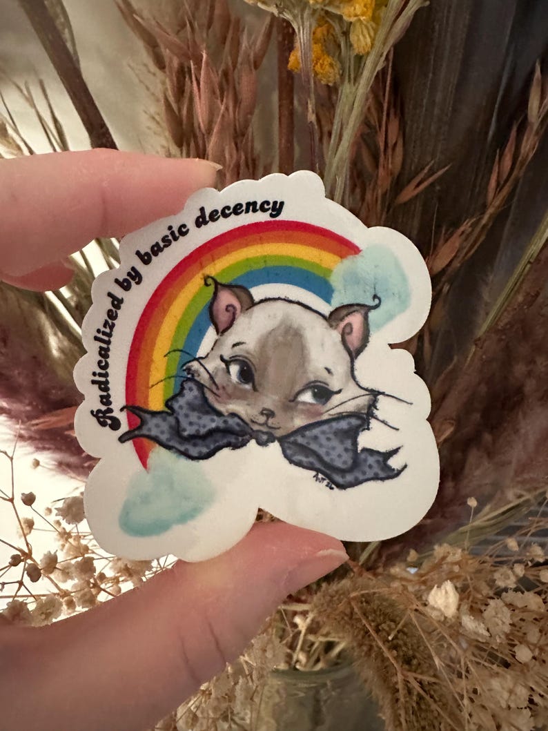 K&ouml;nnte beinhalten: Ein Aufkleber mit einer Katze mit blauer Schleife, Regenbogen und dem Text "radicalized by basic decency". Die Katze ist grau und wei&szlig;. Der Aufkleber wird von einer Person gehalten.