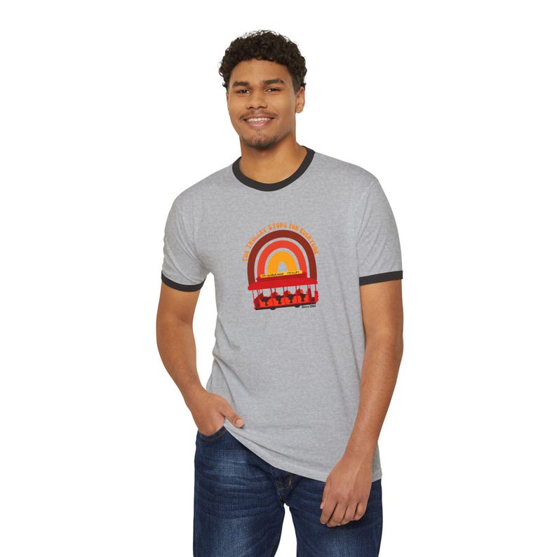 The Trolley Stops For Everyone Mr. Rogers Tribute Ringer T-Shirt | Retro Rainbow Tee | Kindness Shirt image 7