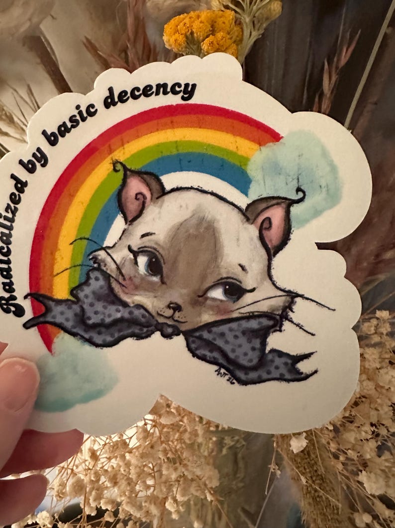 K&ouml;nnte beinhalten: Ein Aufkleber mit einer Cartoon-Katze mit Fliege, vor einem Regenbogen- und Wolkenhintergrund. Der Text "Radicalized by basic decency" ist oben gebogen. Die Katze hat ein hellbraunes und wei&szlig;es Gesicht.