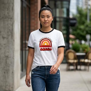 The Trolley Stops For Everyone Mr. Rogers Tribute Ringer T-Shirt | Retro Rainbow Tee | Kindness Shirt image 1