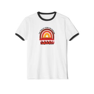 The Trolley Stops For Everyone Mr. Rogers Tribute Ringer T-Shirt | Retro Rainbow Tee | Kindness Shirt image 5