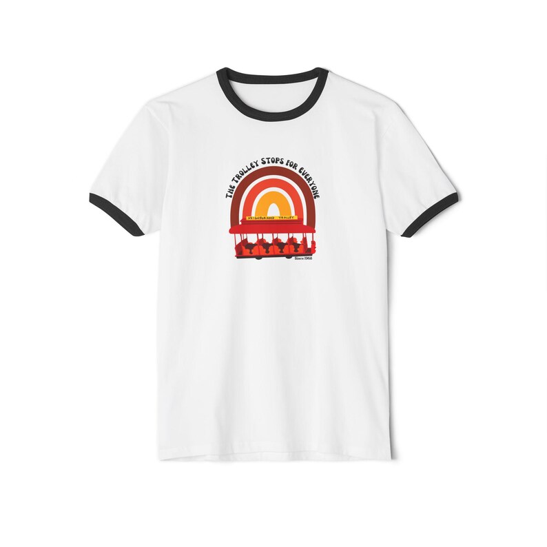 The Trolley Stops For Everyone Mr. Rogers Tribute Ringer T-Shirt | Retro Rainbow Tee | Kindness Shirt image 5