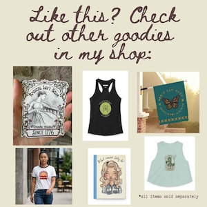 Puede incluir: Una variedad de productos, incluyendo una pegatina con el texto "RADICAL LEFT SCUM" y "CAUSING TROUBLE SINCE 1776", una camiseta sin mangas negra, una bandera de jard&iacute;n turquesa con una mariposa, una camiseta, un cuaderno y una camiseta sin mangas azul claro. Texto: "Like this? Check out other goodies in my shop:" y "*all items sold separately".