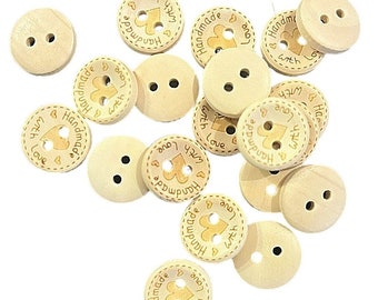 5 x Small 1.5cm Wooden Engrave Buttons Handmade With Love and Hearts. Sold by Buttons and Bows Kettering