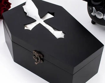 Pandora Coffin Tissue Box with Gothic Cross. Maximalism Goth Decor