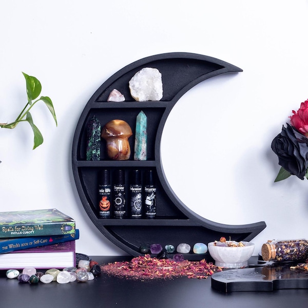 Artemis Crescent Moon Wooden Black Display Shelf Gothic Witch Decor