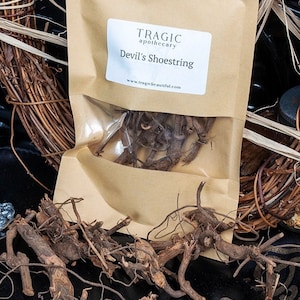 Könnte beinhalten: Ein brauner Papierbeutel mit einem Etikett, auf dem "Tragic Apothecary Devil's Shoestring www.tragicbeautiful.com" steht. Der Beutel enthält getrocknete Wurzeln.