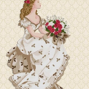 Könnte beinhalten: Eine Frau in einem weißen Kleid mit Blumenmuster sitzt und hält einen Strauß roter Rosen. Sie hat langes braunes Haar und trägt eine Blume im Haar.