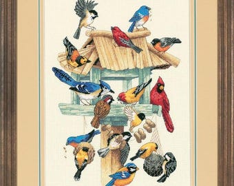 Kreuzstichmuster-Vorlage (PDF) + SAGA Fressrausch der Vögel Jahreszeiten Vogelhaus Waldheim Winter Kardinäle Blauer Ast Baum Wald