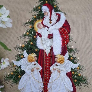 PDF + SAGA Digitaal kruissteekpatroon Lied van kerstboomkinderen Noel Goud Rood Seizoenen Kerstkruissteekborduurschema Kerstman