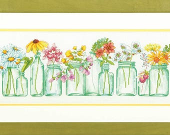 Kreuzstichmuster-Vorlage (PDF) + SAGA Garten-Pfingstrosen, Rosenstrauß, Hausblumen, Gänseblümchen, Frühlingsblätter, Vase, blühende Einmachgläser
