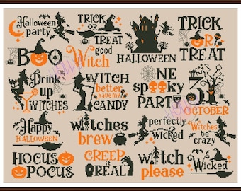 Set 18 Halloween Cross Stitch Pattern Keeper Markup Witches 31 Oct Black Cat Sampler Quaker Pumpkin Autumn Seasons Chart Primitive bundle