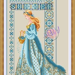 Patrón de punto de cruz PDF Celtic Lady Summer Light Blue Gold Season Basket Alternative Conversion Miss Queen Woman Patrón de punto de cruz DMC
