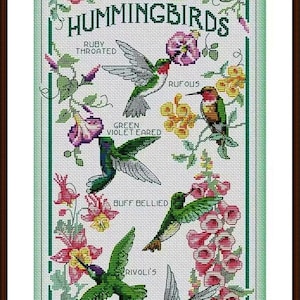 May include: A cross-stitch pattern featuring a variety of hummingbirds with their names, including Costa's, Ruby-throated, Rufous, Green Violet-eared, Buff-bellied, Rivoli's, and Calliope. The hummingbirds are surrounded by colorful flowers.