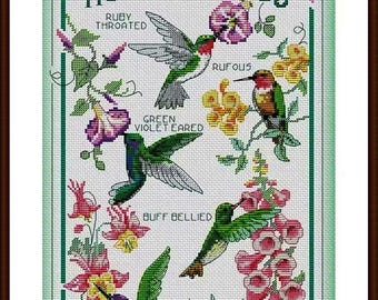 Kruissteekpatroon Keeper Markup PDF + SAGA Hummingbird Society Birds Sampler Woodland Tree Flowers Bouquet Quaker Borduurwerk Download