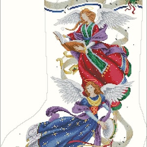 Kruissteekpatroon Keeper Markup PDF + SAGA Angelic Harmony Stocking Angel Music Woman Lady Advent Wings Noel Christmas Borduurkaart