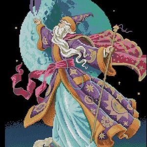 May include: A pixelated illustration of a wizard with a long white beard, wearing a purple and gold robe and hat, holding a staff. The wizard stands on a rock with an open book, with a large blue moon in the background. The image has a fantasy theme.