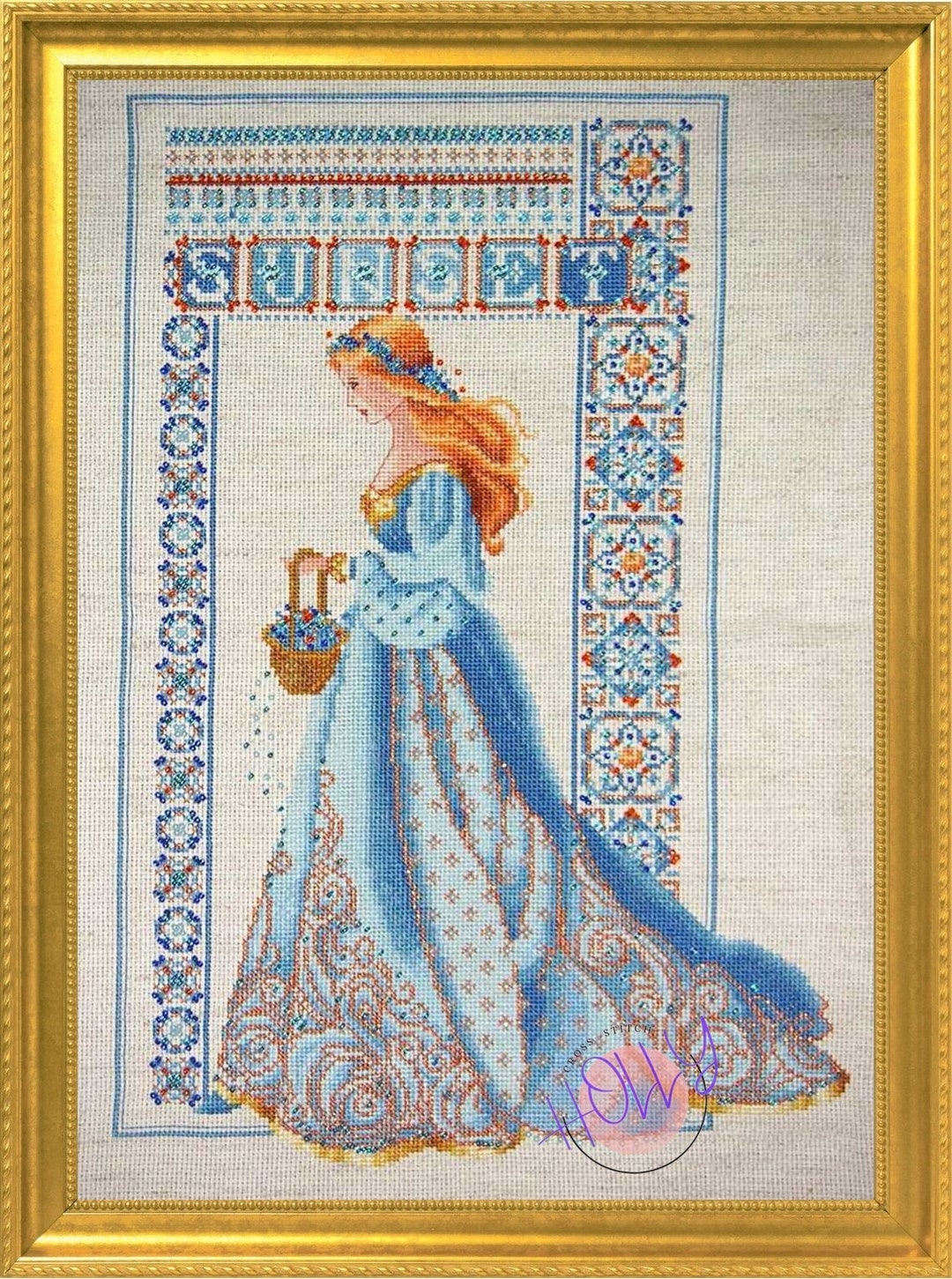 Cross Stitch Pattern PDF Celtic Lady Summer SUNSET Light Blue Gold