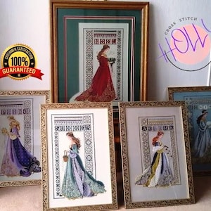 May include: Five framed cross stitch patterns featuring women in elaborate gowns and floral accents. The patterns are titled "Spring", "Summer", "Autumn", "Winter", and "Holly".