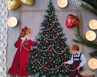 PDF + SAGA Digital cross stitch pattern Oh Christmas Tree Children Noel Gold Red Seasons Xmas Bear Cross Stitch Chart Santa Claus