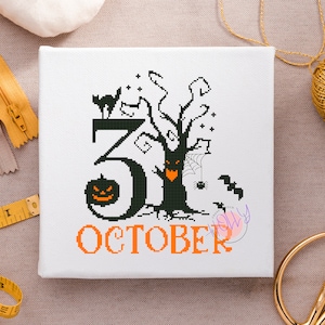 Digitaal kruissteekpatroon PDF 31 okt Halloween Zwarte kat Pompoenboom Herfstvleermuis Seizoenen Telpatroon Kruissteek Primitief Borduurwerk DMC