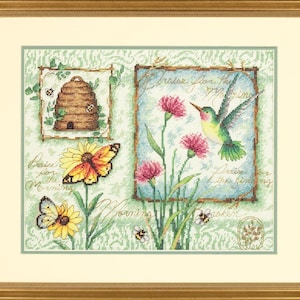 May include: A framed cross-stitch picture with a gold frame. The artwork depicts a hummingbird, flowers, butterflies, and a beehive. The background is light green, with the words "Praise for the Morning" and "Praise for the Timing".
