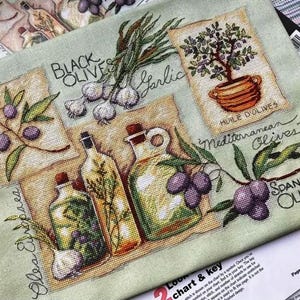 Cross Stitch Pattern Keeper Markup PDF + SAGA Taste the Mediterranean Olives Oil Garlic Foods Herbs Spices Diet Yummy Healthy Kitchen Decor